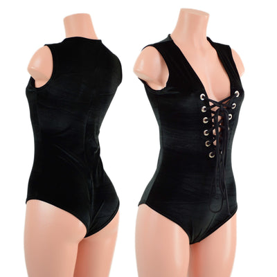 Black Velvet Sleeveless Romper with Plunging Laceup Neckline - Coquetry Clothing