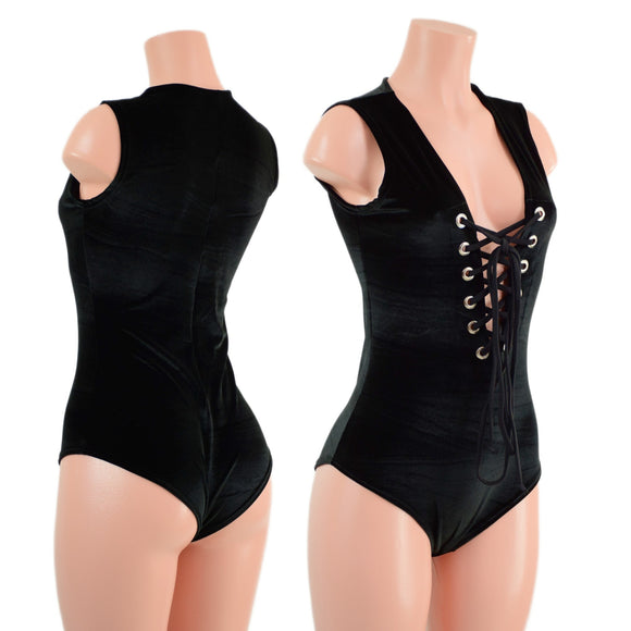 Black Velvet Sleeveless Romper with Plunging Laceup Neckline - Coquetry Clothing