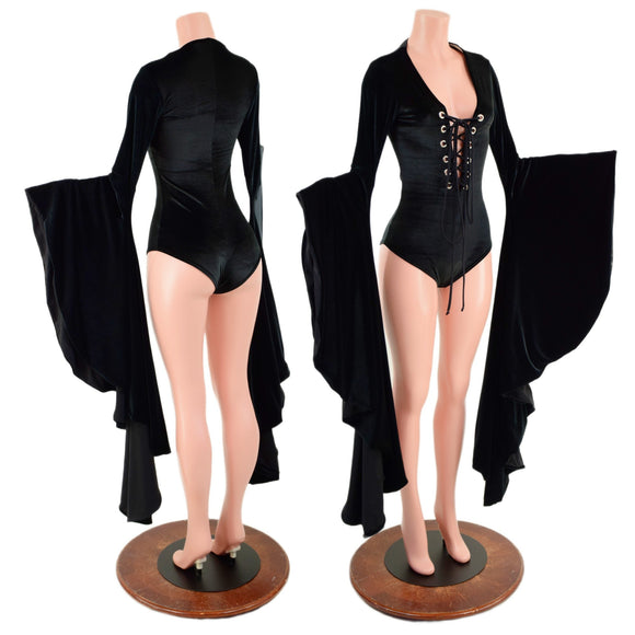 Black Velvet Sorceress Sleeve Romper with Lace Up Neckline - Coquetry Clothing