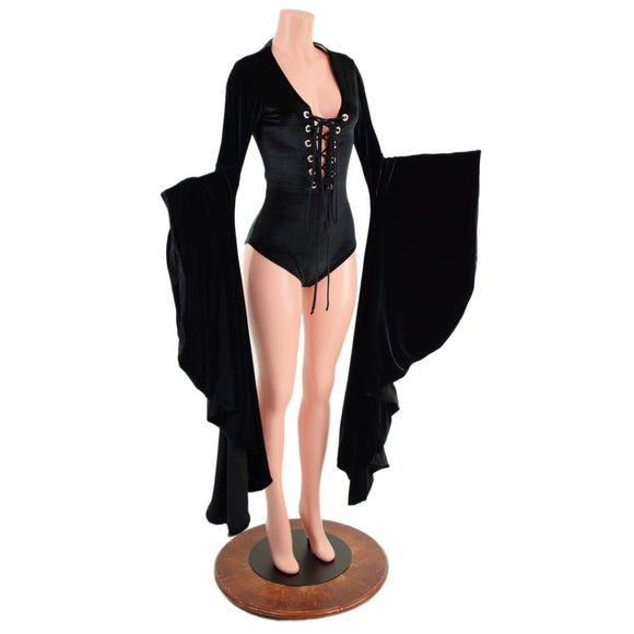 Black Velvet Sorceress Sleeve Romper with Lace Up Neckline - Coquetry Clothing