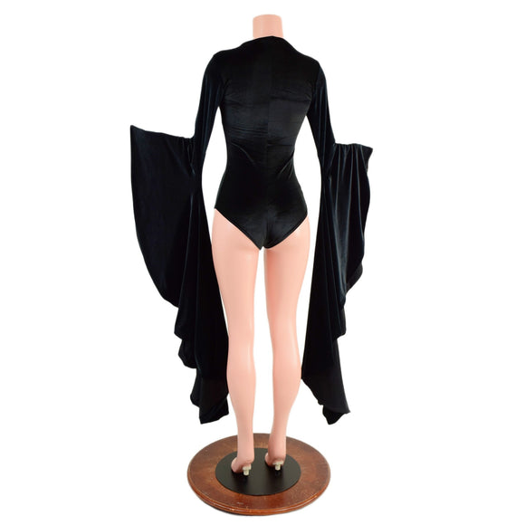 Black Velvet Sorceress Sleeve Romper with Lace Up Neckline - Coquetry Clothing
