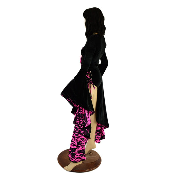 Black Velvet Sorceress Sleeve Romper with Neon Pink Lightning - Coquetry Clothing