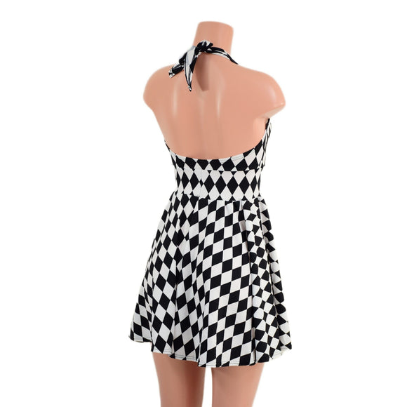 Black & White Diamond Print Halter Skater Dress - Coquetry Clothing
