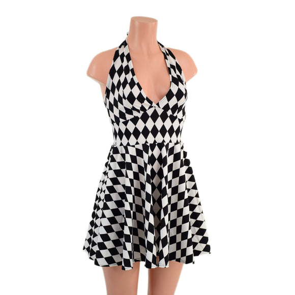 Black & White Diamond Print Halter Skater Dress - Coquetry Clothing