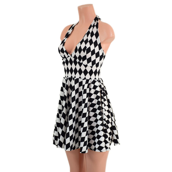 Black & White Diamond Print Halter Skater Dress - Coquetry Clothing