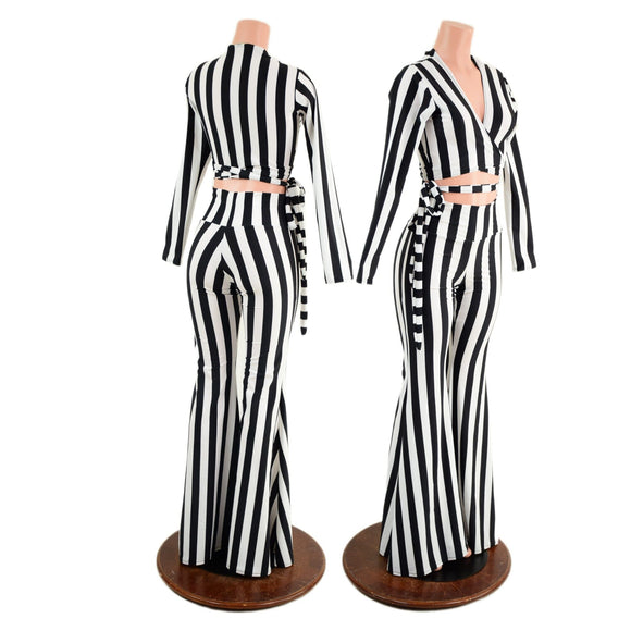Black & White High Waist Solar Flares and Wrap & Tie Top Set - Coquetry Clothing
