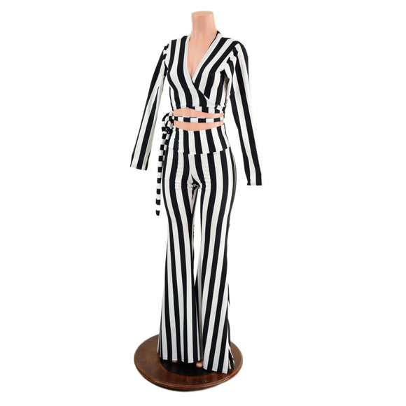 Black & White High Waist Solar Flares and Wrap & Tie Top Set - Coquetry Clothing