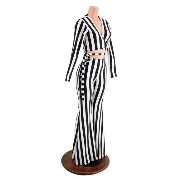 Black & White High Waist Solar Flares and Wrap & Tie Top Set - Coquetry Clothing