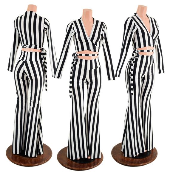Black & White High Waist Solar Flares and Wrap & Tie Top Set - Coquetry Clothing