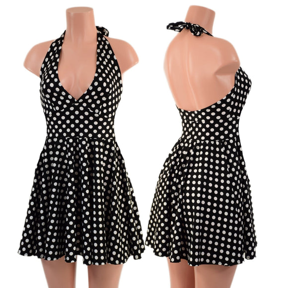 Black & White Polka Dot Halter Skater Dress - Coquetry Clothing