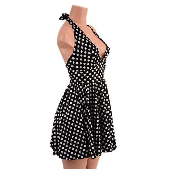 Black & White Polka Dot Halter Skater Dress - Coquetry Clothing