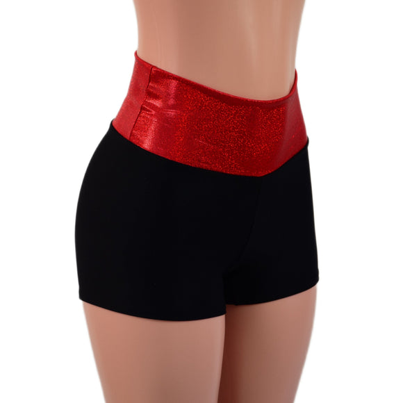 Black Zen High Waist Shorts with Red Sparkly Jewel Waistband - Coquetry Clothing