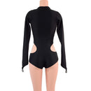 Black Zen Hipnotic Romper with Boy Cut Leg, V Neck, and Fingerloops - Coquetry Clothing