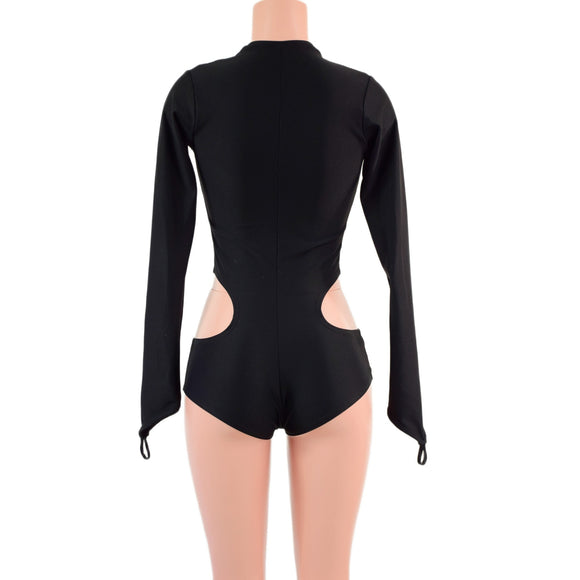 Black Zen Hipnotic Romper with Boy Cut Leg, V Neck, and Fingerloops - Coquetry Clothing