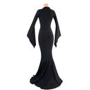 Black Zen Morticia Puddle Train Gown with V Neck and Pointy Sleeves - Coquetry Clothing