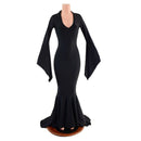 Black Zen Morticia Puddle Train Gown with V Neck and Pointy Sleeves - Coquetry Clothing