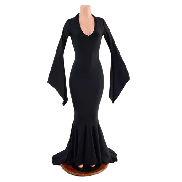 Black Zen Morticia Puddle Train Gown with V Neck and Pointy Sleeves - Coquetry Clothing