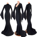 Black Zen Morticia Puddle Train Gown with V Neck and Pointy Sleeves - Coquetry Clothing