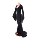 Black Zen Morticia Puddle Train Gown with V Neck and Pointy Sleeves - Coquetry Clothing