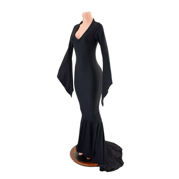 Black Zen Morticia Puddle Train Gown with V Neck and Pointy Sleeves - Coquetry Clothing