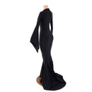 Black Zen Morticia Puddle Train Gown with V Neck and Pointy Sleeves - Coquetry Clothing