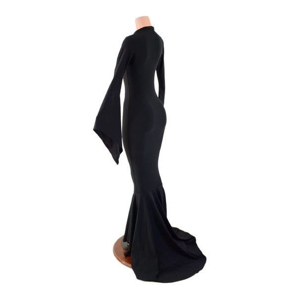 Black Zen Morticia Puddle Train Gown with V Neck and Pointy Sleeves - Coquetry Clothing