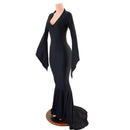 Black Zen Morticia Puddle Train Gown with V Neck and Pointy Sleeves - Coquetry Clothing
