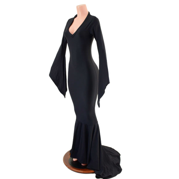 Black Zen Morticia Puddle Train Gown with V Neck and Pointy Sleeves - Coquetry Clothing