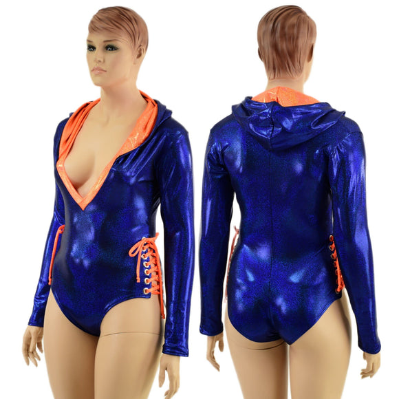 Blue and Orange Hooded Romper with Lace Up Hips - Coquetry Clothing