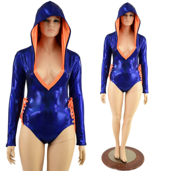 Blue and Orange Hooded Romper with Lace Up Hips - Coquetry Clothing