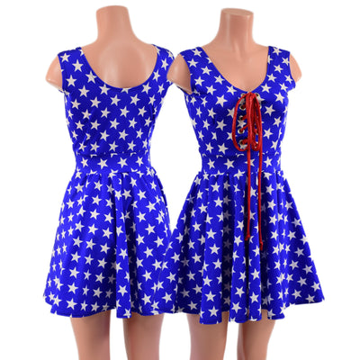 Blue and White Star Skater Dress with Lace Up Bodice - Coquetry Clothing