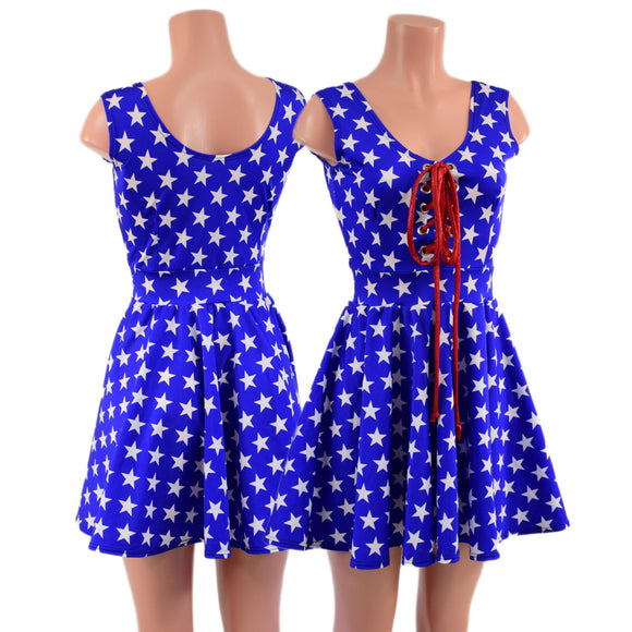 Blue and White Star Skater Dress with Lace Up Bodice - Coquetry Clothing