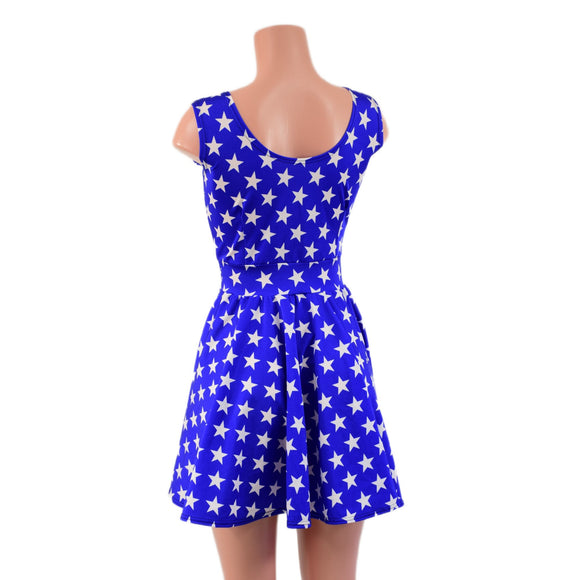 Blue and White Star Skater Dress with Lace Up Bodice - Coquetry Clothing