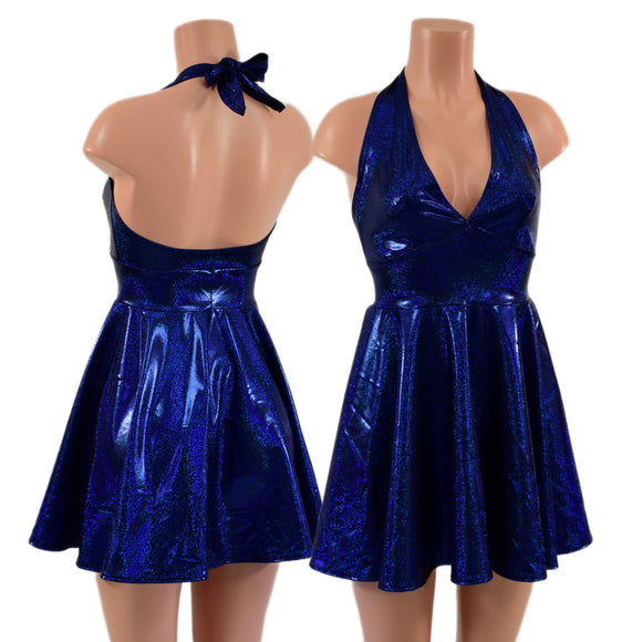 Blue Sparkly Jewel Halter Skater Dress - Coquetry Clothing