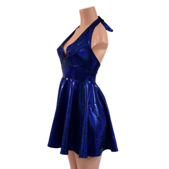 Blue Sparkly Jewel Halter Skater Dress - Coquetry Clothing