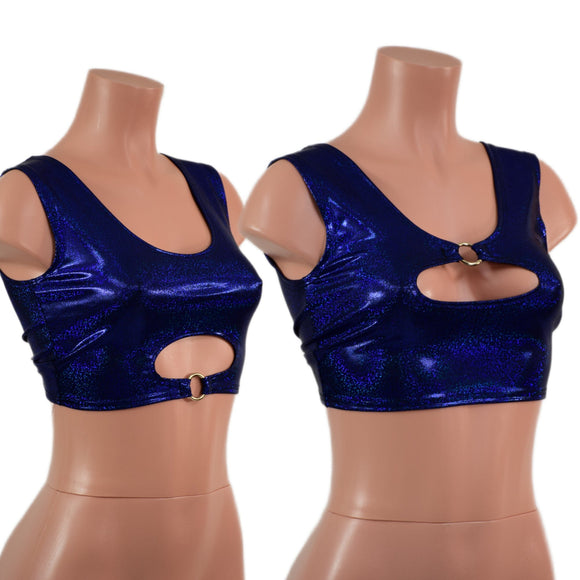 Blue Sparkly Jewel High Or Low Reversible Cutout Oring Mini Crop - Coquetry Clothing