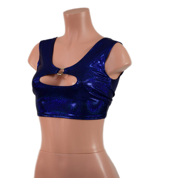 Blue Sparkly Jewel High Or Low Reversible Cutout Oring Mini Crop - Coquetry Clothing
