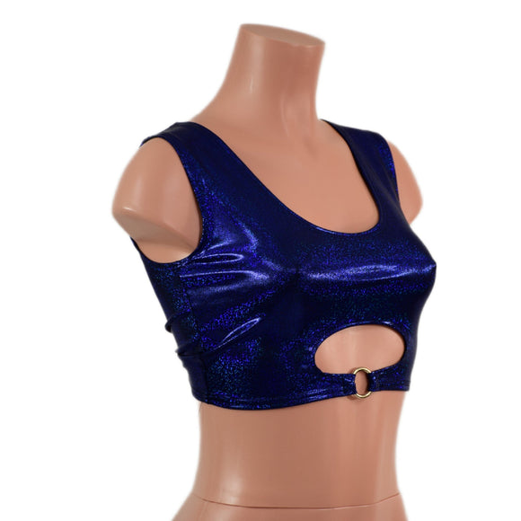 Blue Sparkly Jewel High Or Low Reversible Cutout Oring Mini Crop - Coquetry Clothing