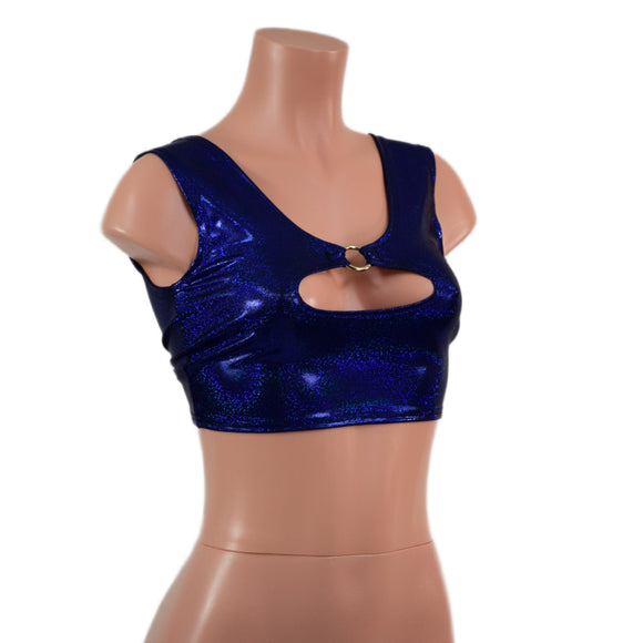 Blue Sparkly Jewel High Or Low Reversible Cutout Oring Mini Crop - Coquetry Clothing