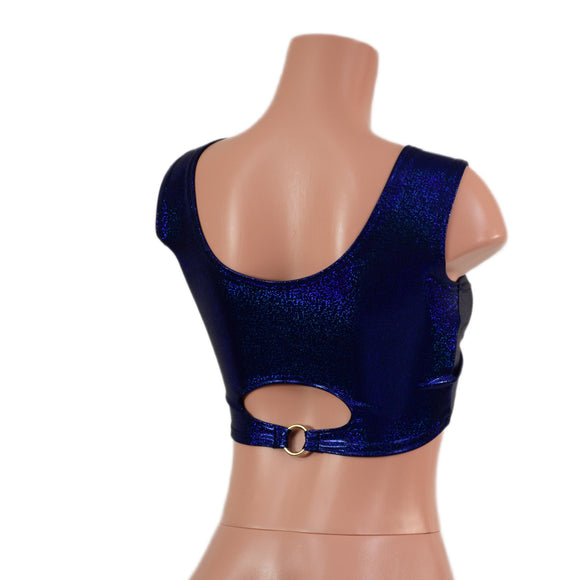 Blue Sparkly Jewel High Or Low Reversible Cutout Oring Mini Crop - Coquetry Clothing