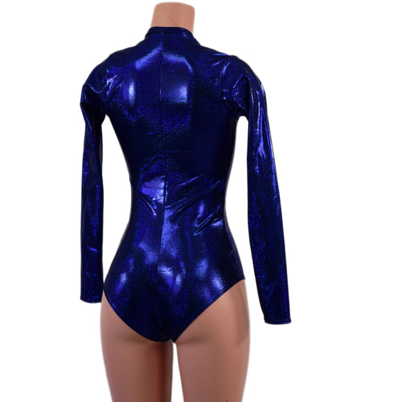 Blue Sparkly Jewel Long Sleeve Siren Romper with Plunging V Neckline - Coquetry Clothing