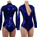 Blue Sparkly Jewel Long Sleeve Siren Romper with Plunging V Neckline - Coquetry Clothing