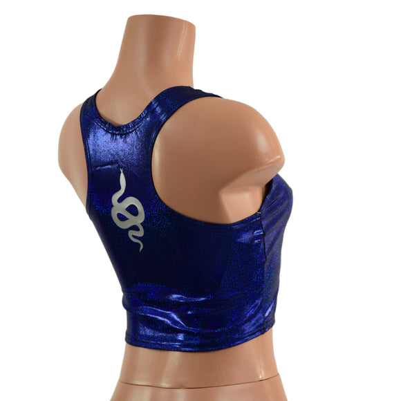 Blue Sparkly Jewel Racerback Crop with Silver Snake Vinyl - Coquetry Clothing