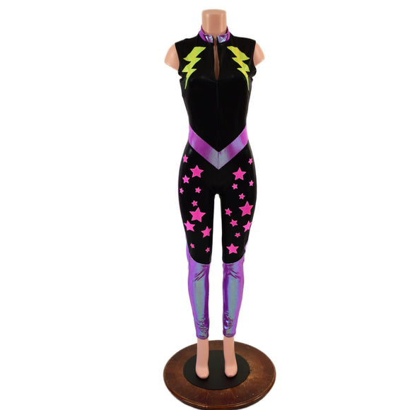 Bolts and Stars Zipper Front Color Blocked Catsuit - Coquetry Clothing