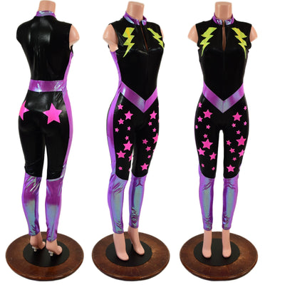 Bolts and Stars Zipper Front Color Blocked Catsuit - Coquetry Clothing
