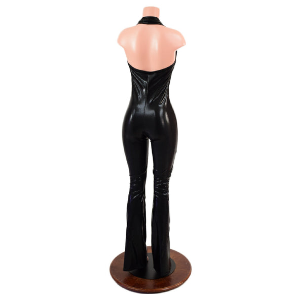 Boot Cut Black Mystique Backless V Neck Catsuit - Coquetry Clothing