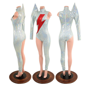 Bowie Inspired Frostbite Catsuit with Red Bolt and Mega Sharp Shoulder - Coquetry Clothing