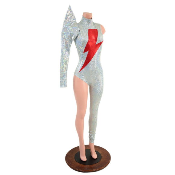 Bowie Inspired Frostbite Catsuit with Red Bolt and Mega Sharp Shoulder - Coquetry Clothing