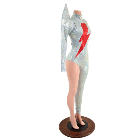 Bowie Inspired Frostbite Catsuit with Red Bolt and Mega Sharp Shoulder - Coquetry Clothing