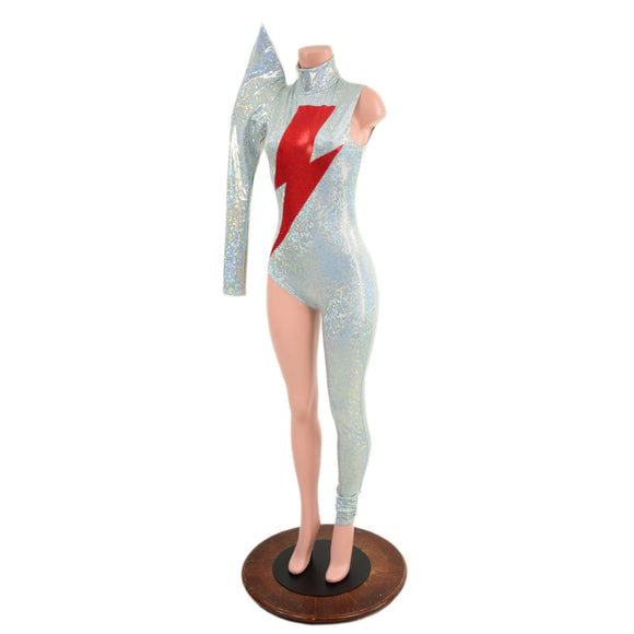 Bowie Inspired Frostbite Catsuit with Red Bolt and Mega Sharp Shoulder - Coquetry Clothing
